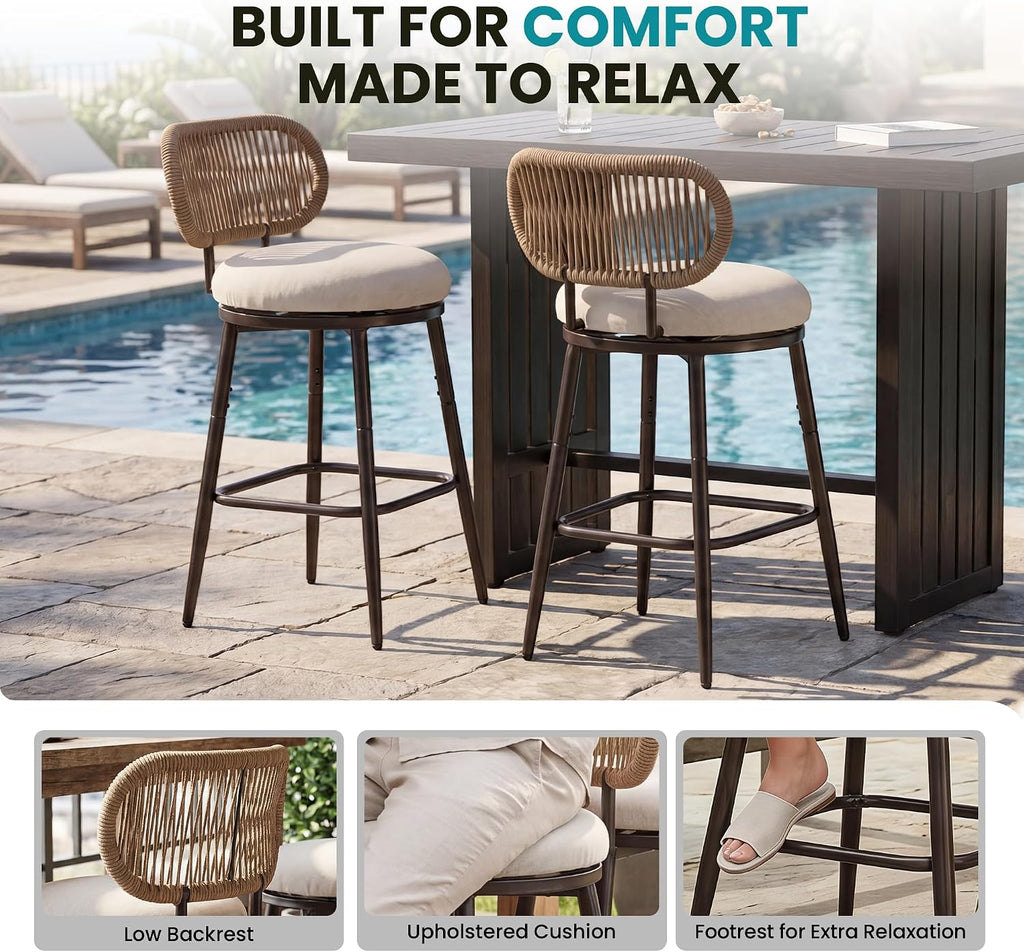 Swivel Outdoor Bar Chairs Set of 4, Hand-Woven Rope Patio Bar Stools with Removable & Washable Cushions, 360° Swivel Metal Frame, All-Weather High Top Chairs, 400 lbs Capacity, Beige