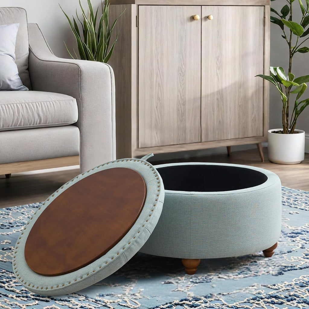 30'' Round Ottoman Coffee Table with Storage, Upholstered Tufted Ottoman with Flip Tray, Solid Wood Legs for Living Room, Bedroom, Blue