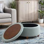 30'' Round Ottoman Coffee Table with Storage, Upholstered Tufted Ottoman with Flip Tray, Solid Wood Legs for Living Room, Bedroom, Blue