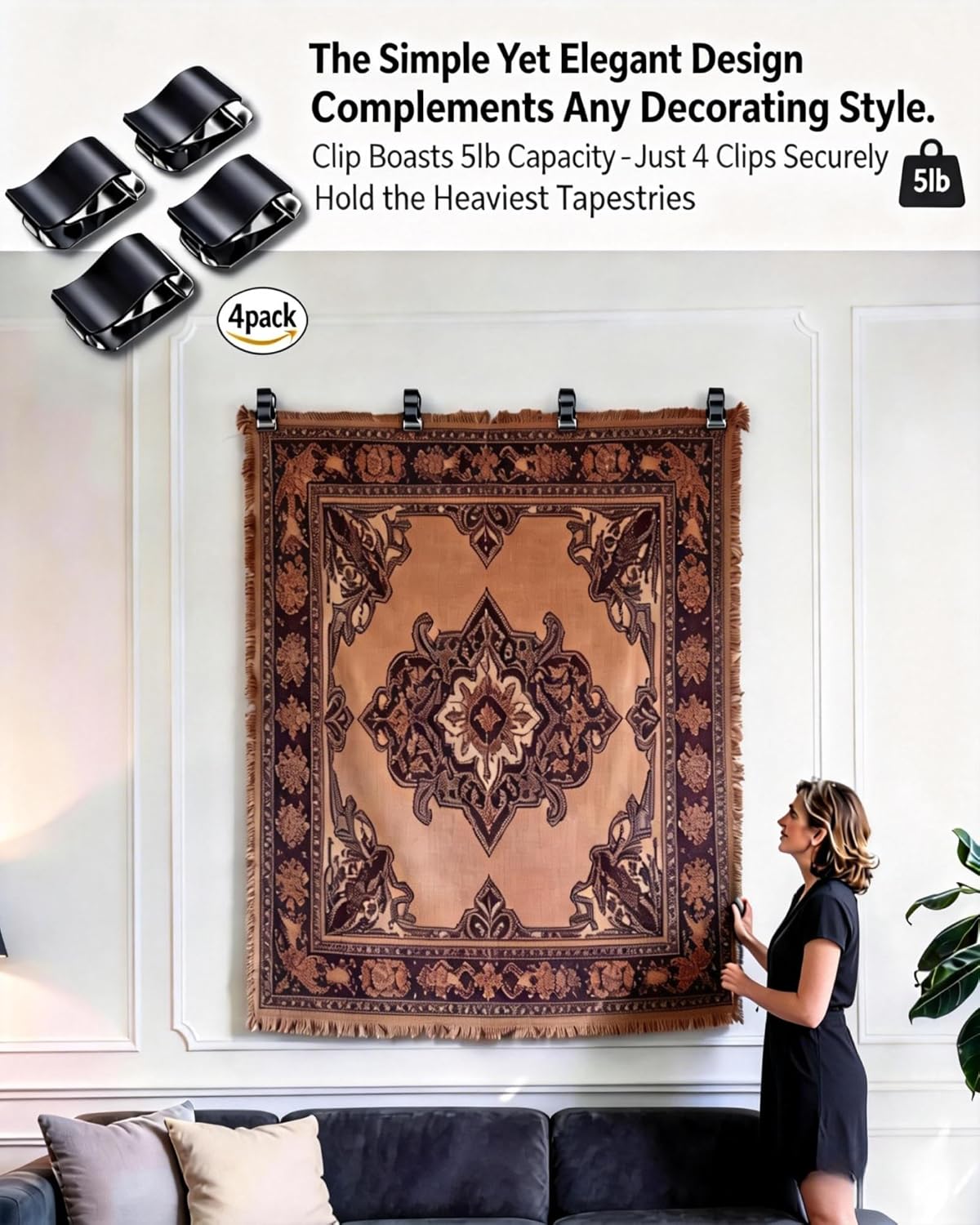 Quilt Hanger for Wall for Display - HAFOWAH Tapestry Hangers for Walls, Stainless Steel Tapestry Wall Hanging Clips for Tapestries, Rugs, Textile Art - Built to Last Metal Clips, 4 Pack