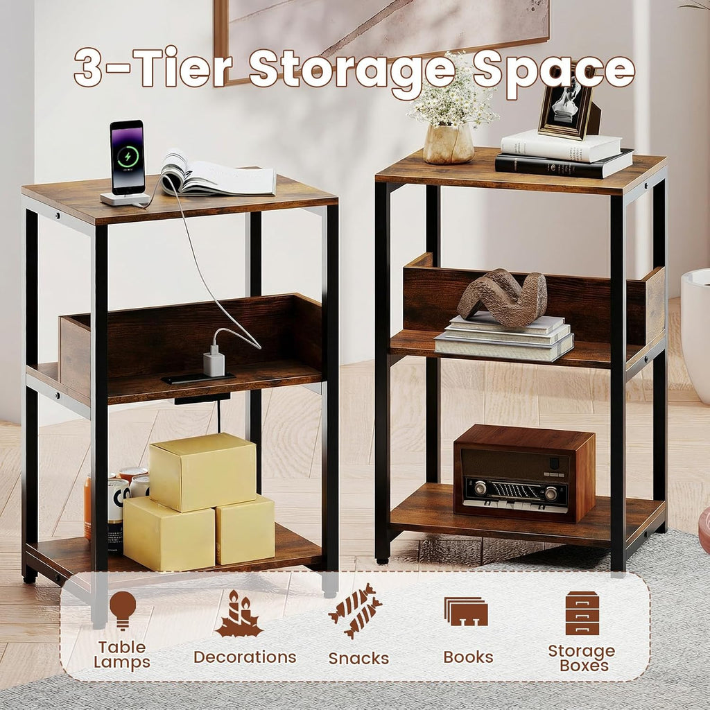 Giantex Side Table with Charging Station - Industrial 3-Tier Bedside Table w/Open Storage Shelves, Sofa End Tables Night Stands for Small Spaces Living Room Bedroom Home Office, Rustic Brown (1)
