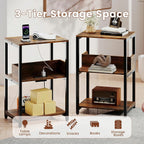 Giantex Side Table with Charging Station - Industrial 3-Tier Bedside Table w/Open Storage Shelves, Sofa End Tables Night Stands for Small Spaces Living Room Bedroom Home Office, Rustic Brown (1)