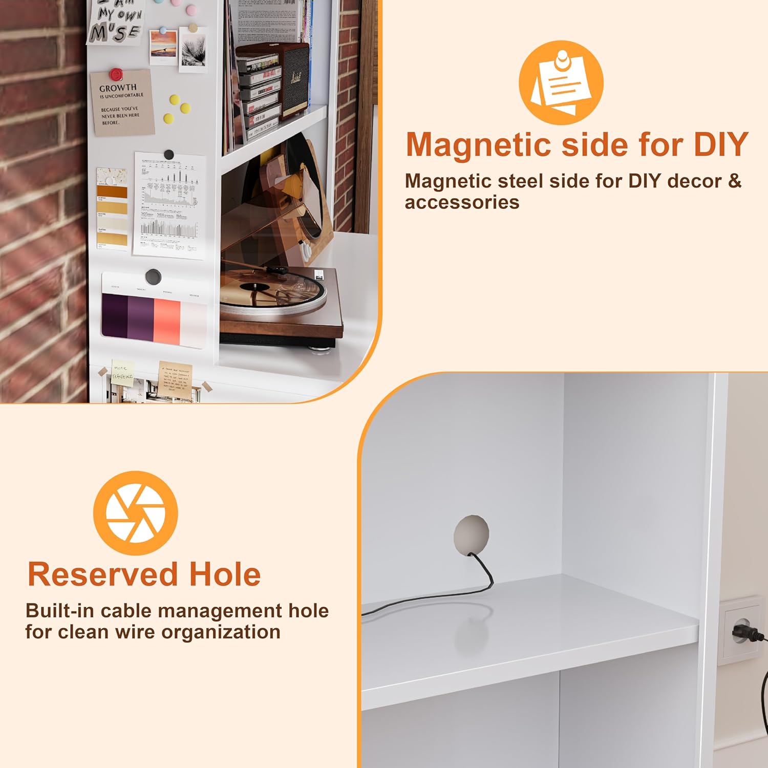 Record Player Stand with Dual Depth Design, CD Storage Rack, Media Storage Cabinet for Vinyl Records, DVDs, Comic Books & Video Games, Organizer Shelf for Living Room, Home Office, White