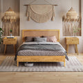 Bme Nipe Bed Frame with Headboard, Bohemian and Mid-Century Modern Style, Solid Rubber Wood Platform Bed with Slat Support, No Box Spring Needed, Easy Assembly, Queen - Light Natural