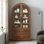 Modway Rory 76 Inch Arched Kitchen Pantry Cabinet with Glass Doors in Walnut - Vintage Retro Accent Display Stand for Dining Room, Living Room, Hallway