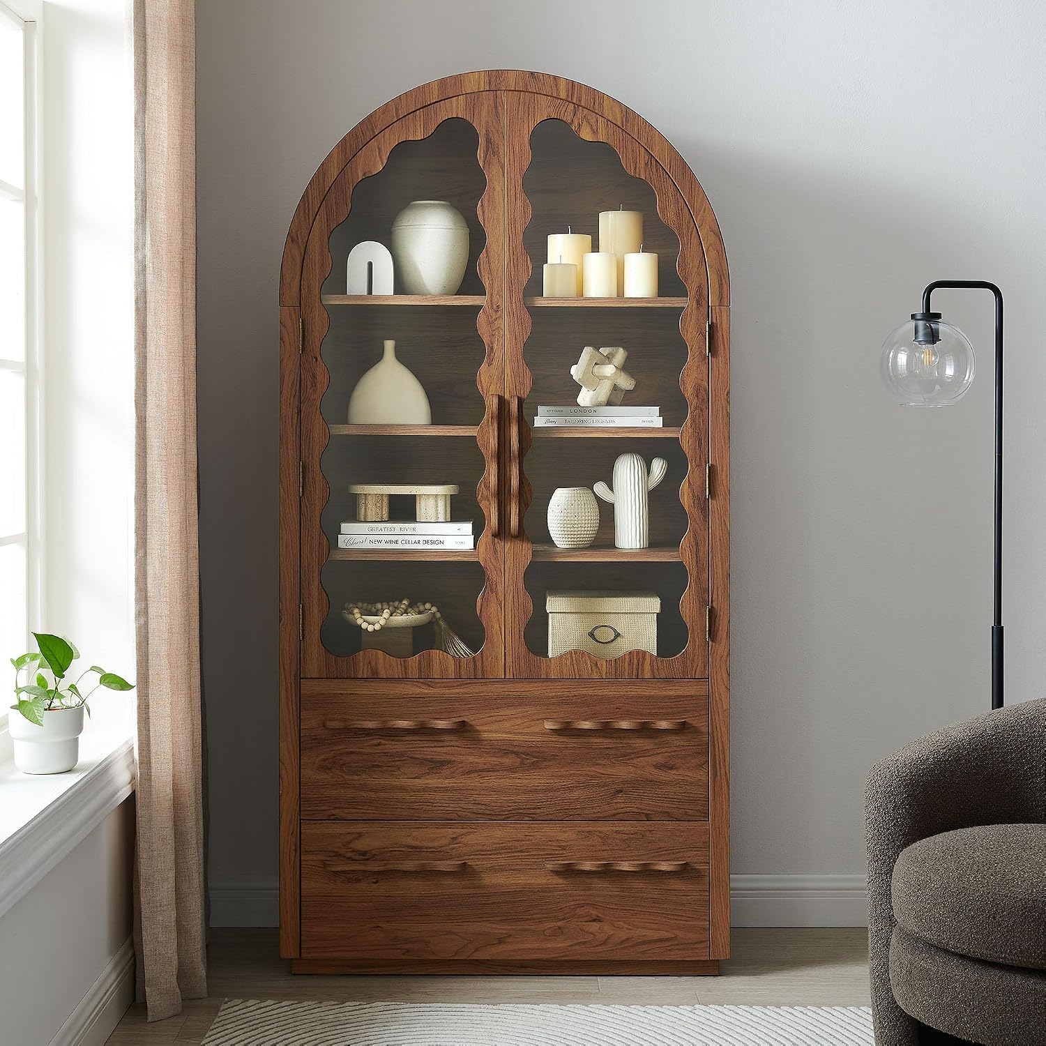 Modway Rory 76 Inch Arched Kitchen Pantry Cabinet with Glass Doors in Walnut - Vintage Retro Accent Display Stand for Dining Room, Living Room, Hallway