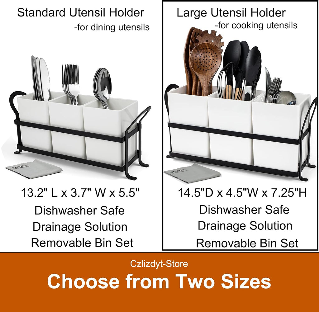 Czlizdyt Large Kitchen Utensil Holder, Drainage Utensil Caddy for Countertop, 3pcs Bins Set Cooking Utensil Organizer for Spoons, Spatulas, White