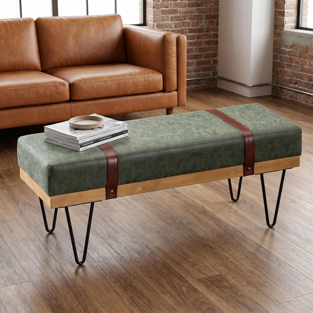 DUOMAY Industrial Modern PU Rectangle Ottoman Bench with PU Strap and Metal Legs, Mid Century Dining Table Bench Footstool Entryway Shoe Bench for Bedroom Dining Room Living Room, Green