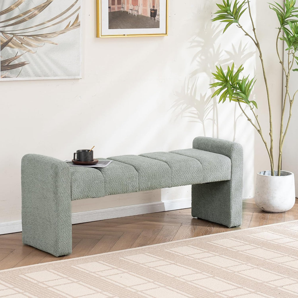 Boucle End of Bed Bench Upholstered Modern Bedroom Bench Channel Tufted Window Bench Comfy Long Ottoman for Living Room/Hallway/Indoor (SAGE, 54" Straight Arm)