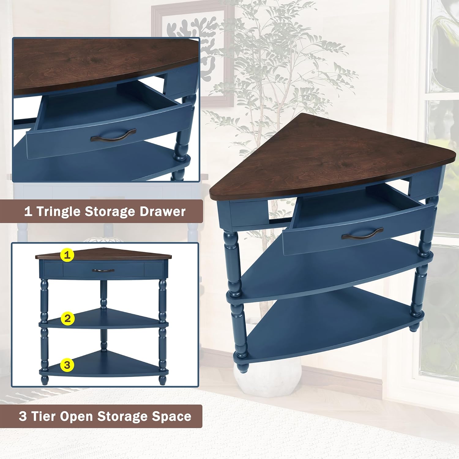 ZSQ Retro Corner Side Table, 33.8 inch Triangle Console Table with Solid Wood Legs, 3-Tier Small Wooden Living Room Table, Navy Blue and Espresso Top (Navy Blue)