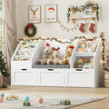 FOTOSOK 55.1’’ Kids Bookshelf with Reading Nook, Toy Storage Organizer with Seat Cushion and 3 Movable Drawers, Kids Reading Nook Toy Organizers and Storage with Bench for Playroom, Bedroom, White