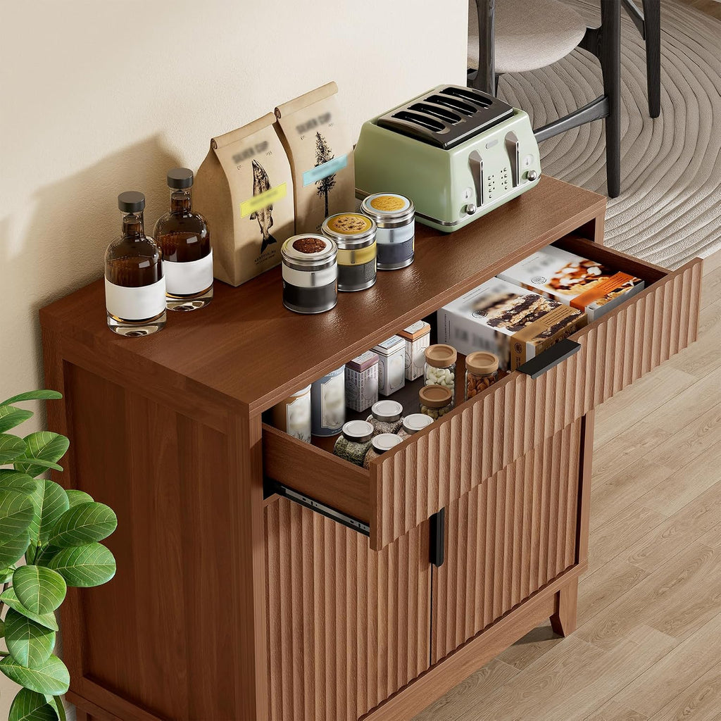 Vabches Fluted Sideboard Buffet Cabinet with Storage, 32" Coffee Bar Console Table with Drawer, Fluted Doors & Adjustable Shelf, Wood Small Buffet Cabinet for Living Room, Kitchen Dining Room, Brown