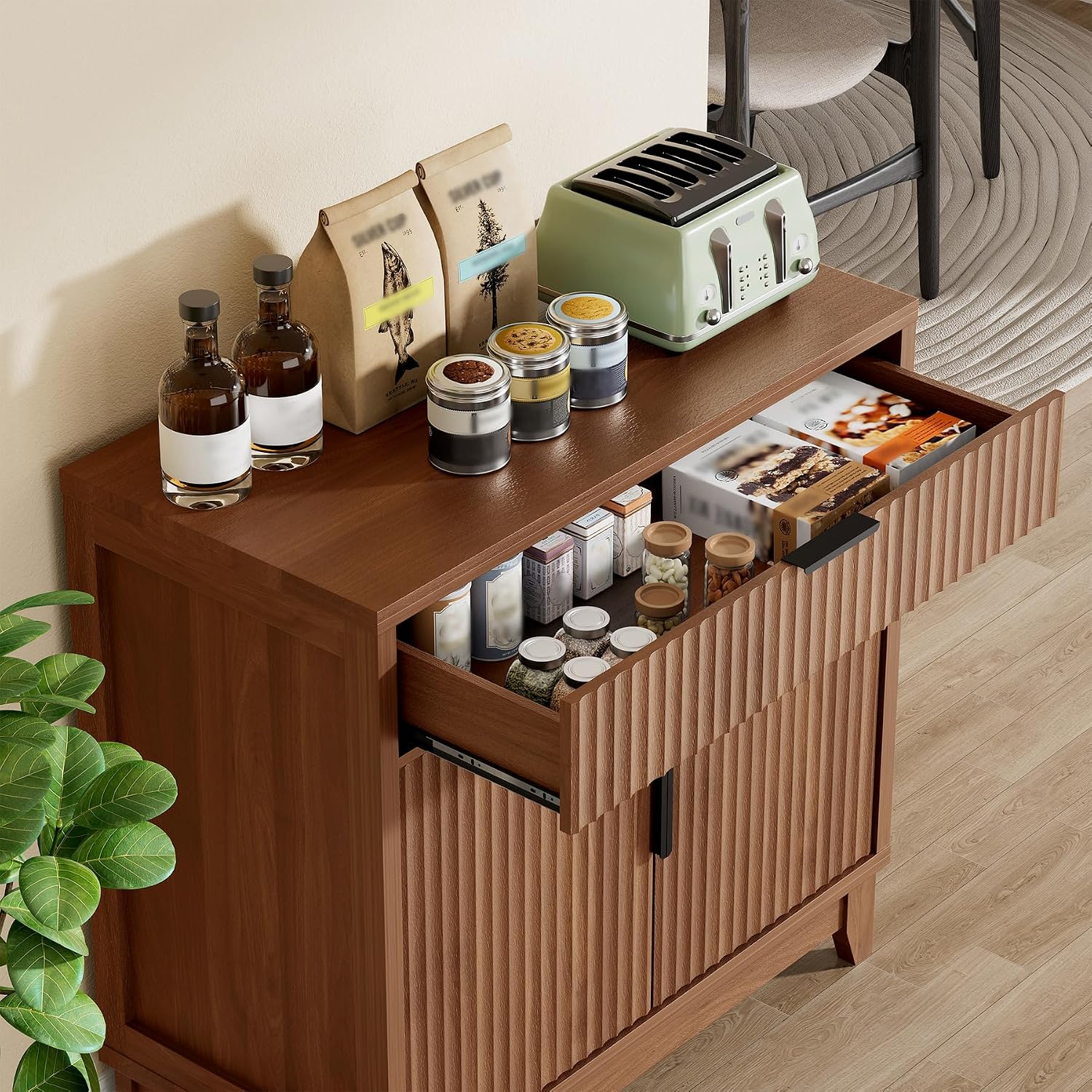 Vabches Fluted Sideboard Buffet Cabinet with Storage, 32" Coffee Bar Console Table with Drawer, Fluted Doors & Adjustable Shelf, Wood Small Buffet Cabinet for Living Room, Kitchen Dining Room, Brown