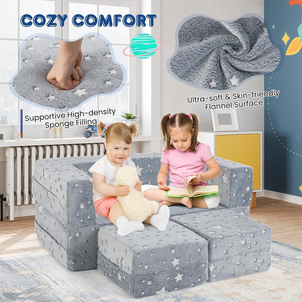 Costzon Modular Kids Play Couch Set, Glow in the Dark 2 Seat Toddler Chair, Fold Out Children Sofa Couch, Bedroom Playroom Furniture for Toddlers, Convertible Foam and Floor Cushion for Boys Girls