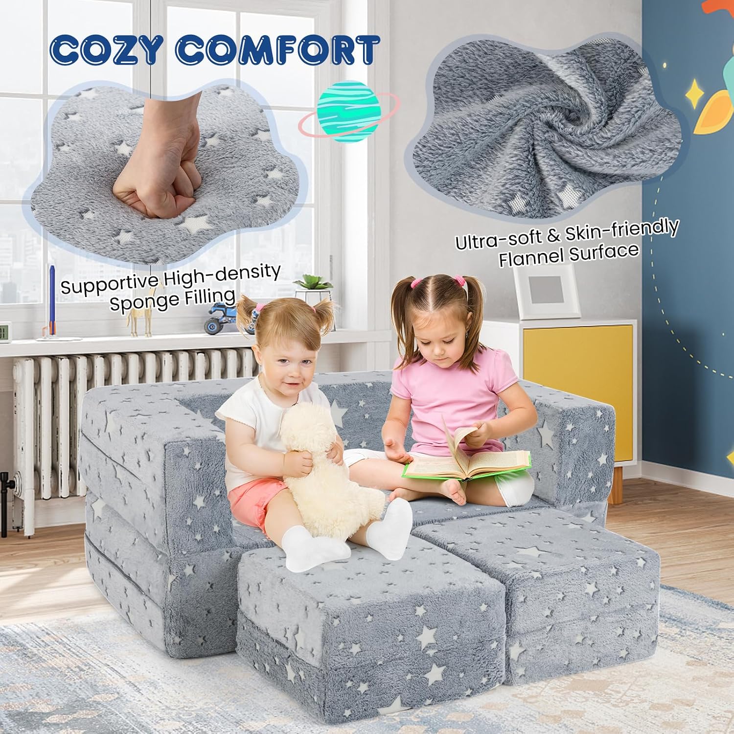 Costzon Modular Kids Play Couch Set, Glow in the Dark 2 Seat Toddler Chair, Fold Out Children Sofa Couch, Bedroom Playroom Furniture for Toddlers, Convertible Foam and Floor Cushion for Boys Girls