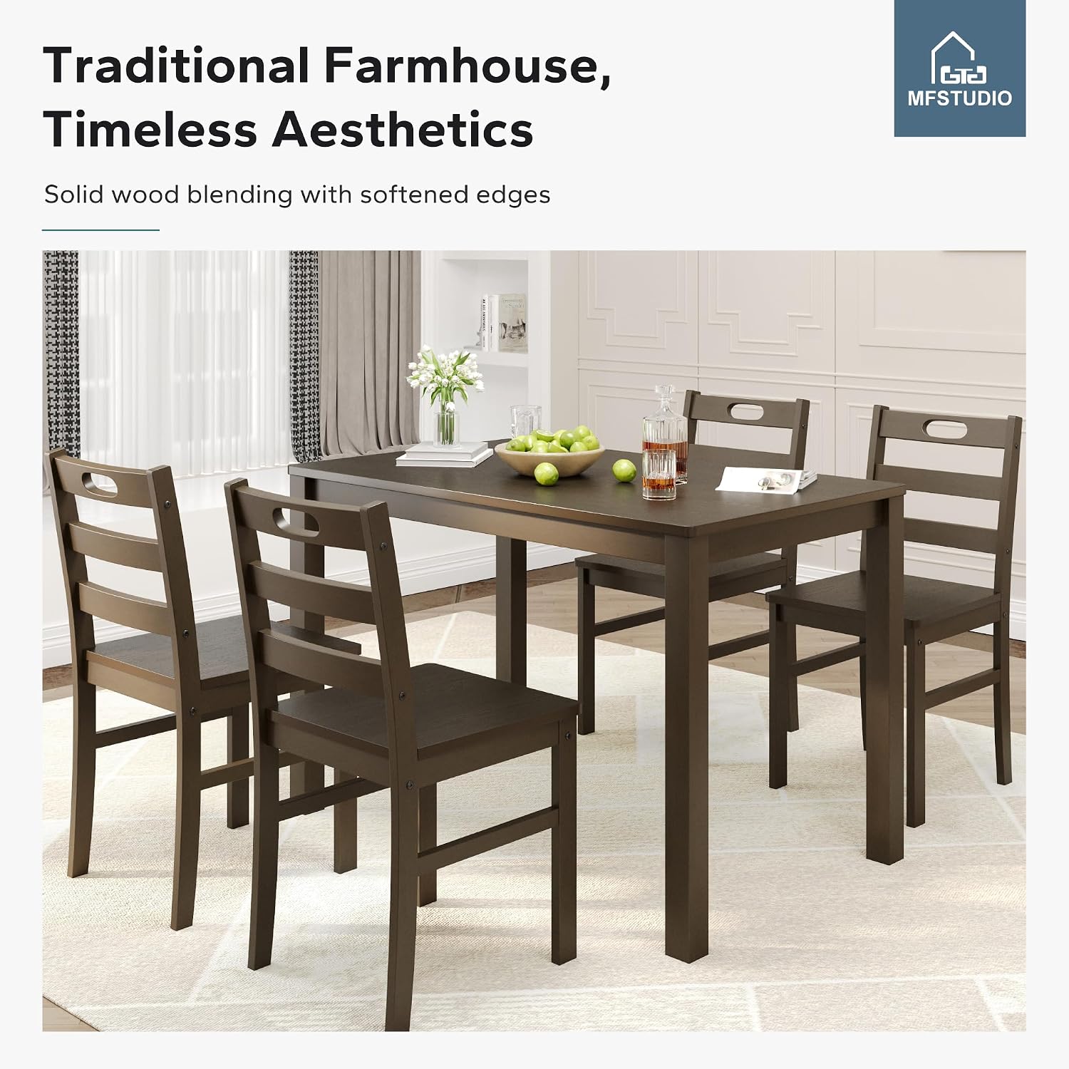 MFSTUDIO 5 Piece Kitchen Table Chairs Set of 4, Wood Dining Table Set for 4, Space Saving Farmhouse Dinner Table Set for 4, Dark Oak