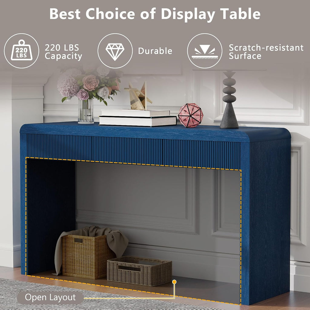 Knocbel Console Table with 3 Fluted Drawers, Rustic Sofa Tables with Solid Wood Veneer & Wood Grain for Entryway Hallway Living Room, 55.1" W x 15.8" D x 29.8" H, Navy