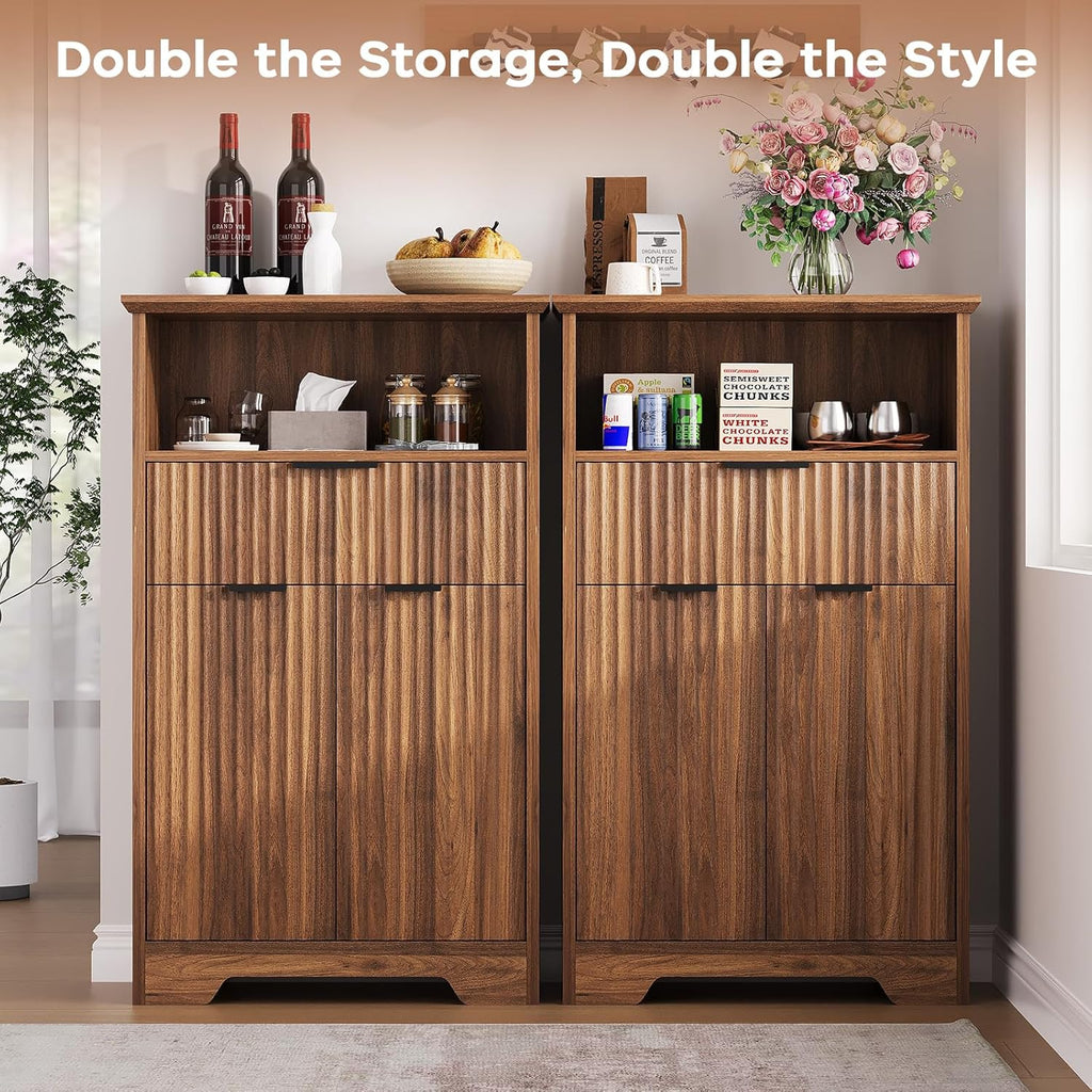 Fluted Buffet Cabinet with Storage, Modern Coffee Bar Cabinet with Drawer & Adjustable Shelf, Wood Sideboard Cabinet for Kitchen, Bathroom, Entryway and Living Room Walnut