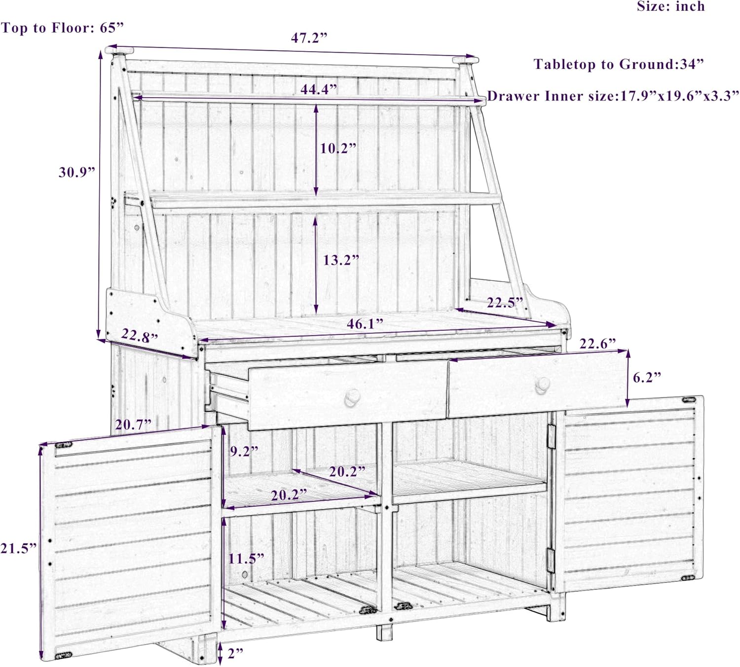 65" Garden Potting Bench with Storage Cabinet, Grey | 100% fir wood, 46.1" worktop, 3-tier shelves, anti-falling devices, 47.2"L x 22.8"W x 65"H, for garden tasks