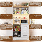 DreamDashio Pantry Cabinet with Adjustable Shelves and 3 Drawers, Tall Kitchen Pantry Storage Cabinet with LED Light & Charging Station, Kitchen Hutch with Microwave Shelf & 6 Hooks for Dining Room