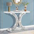Silver Mirrored Console Table with Crushed Diamond Inlay, 39.4'' Long Glass Entryway Sofa Table, C-Shaped Base Modern Accent Narrow Table for Living Room, Hallway, Foyer, Entrance