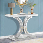 Silver Mirrored Console Table with Crushed Diamond Inlay, 39.4'' Long Glass Entryway Sofa Table, C-Shaped Base Modern Accent Narrow Table for Living Room, Hallway, Foyer, Entrance