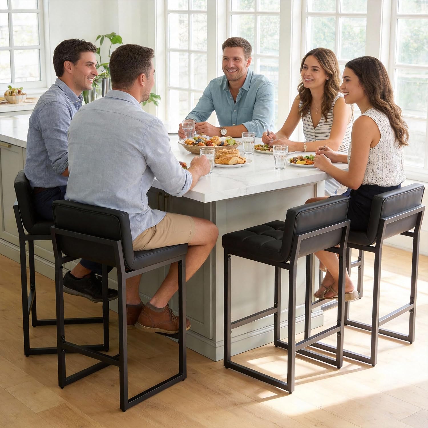 FIRAVOE Bar Stools Set of 4, PU Leather Counter Height Barstools with Low Back and Thickened Metal Legs, 26 Inch Modern Island Chairs for Kitchen Island, Bar, Counter (Black, 4Pcs 26" Counter Stools)