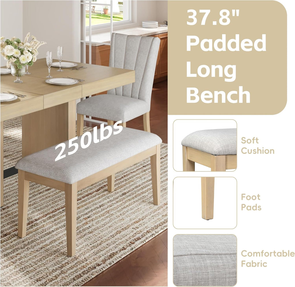 LUMISOL Farmhouse Dining Table Set for 6, Extendable Kitchen Table Set with Bench and 4 Upholstered Chairs, 3.8inch Thick Tabletop and Trestle Legs for Kitchen, Dining Room, Natural+Beige