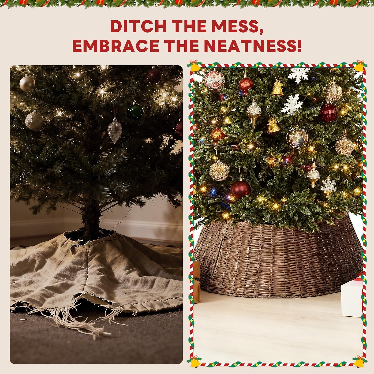 Sweetcrispy Christmas Tree Collar, Wicker Tree Collar for 6-9ft Trees, 4-Piece Wicker Base Cover, Handwoven & Durable for Holiday Decor, Decorative, Brown