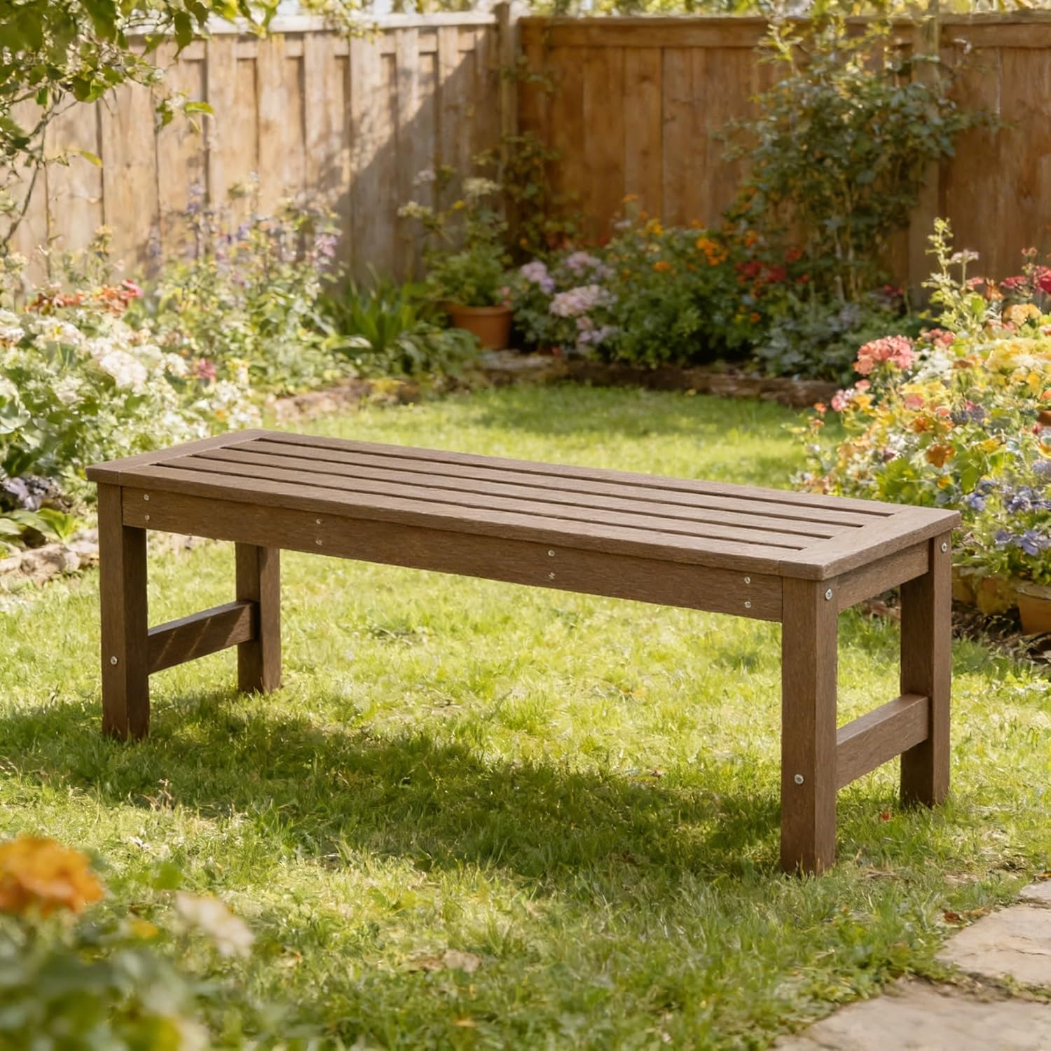 48" Outdoor Bench, HDPE All-Weather 2-Person Backless Bench, Fade-Resistant Garden Bench for Patio, Porch & Park, Brown