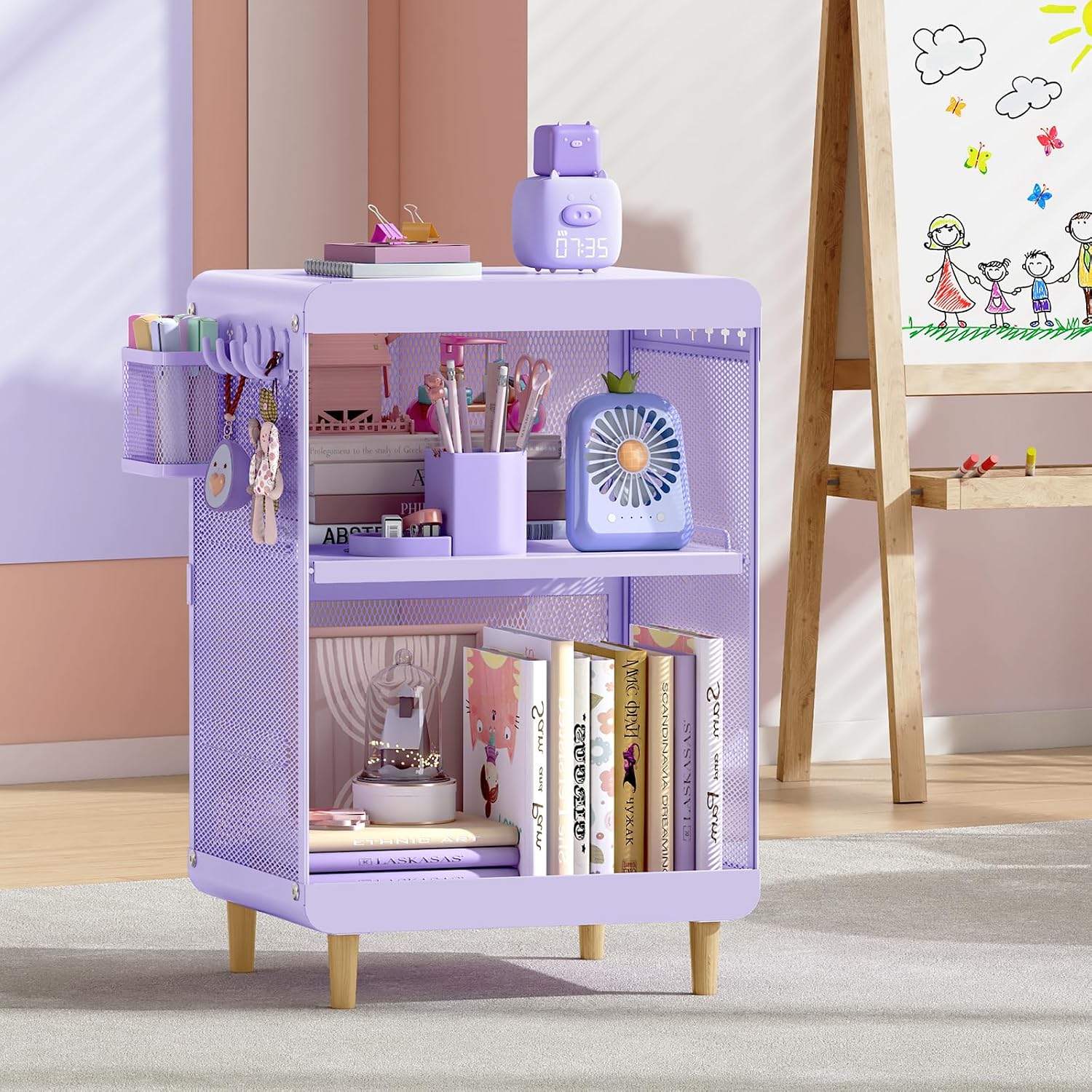 SYKIARIOL Kids Nightstand for Girls, 3-Tier Storage Shelf, Purple | Metal Bedside Table with 4 Hooks & Hanging Basket, Toddler Night Stand for Bedroom