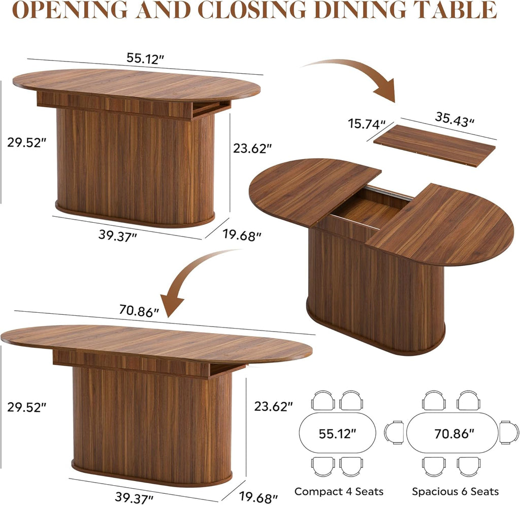 5-Piece Extendable Oval Dining Table Set for 4, 55"-71" Kitchen Table and 4 Beige Linen Chairs with Metal Legs, Wood Dining Room Table with MDF Tabletop&Base, Wulnat