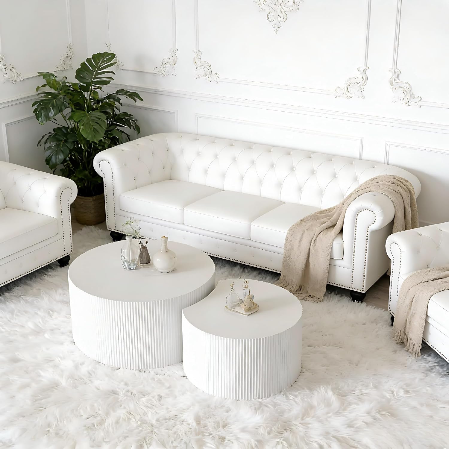 KEVINSPACE Coffee Table Set of 2 Modern, Living Room Nesting Table Round 2-Piece, No Assembly Required Wooden Circle End Table Set Accent Furniture for Bedroom Balcony Library,White