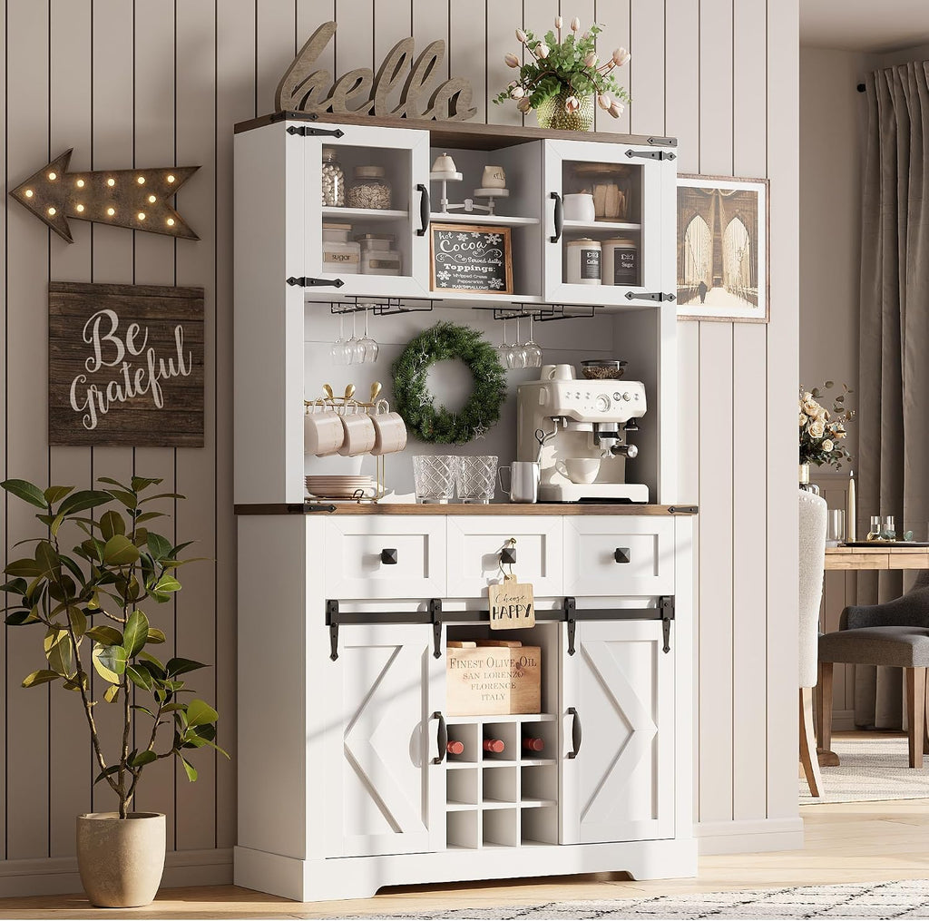 72" Kitchen Pantry Storage Cabinet with Hutch and Sliding Barn Door, Farmhouse Tall Buffet Cabinet with Drawers, Large Coffee Bar with Wine & Glasses Rack, for Home Living Room, White