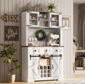 72" Kitchen Pantry Storage Cabinet with Hutch and Sliding Barn Door, Farmhouse Tall Buffet Cabinet with Drawers, Large Coffee Bar with Wine & Glasses Rack, for Home Living Room, White