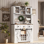 72" Kitchen Pantry Storage Cabinet with Hutch and Sliding Barn Door, Farmhouse Tall Buffet Cabinet with Drawers, Large Coffee Bar with Wine & Glasses Rack, for Home Living Room, White