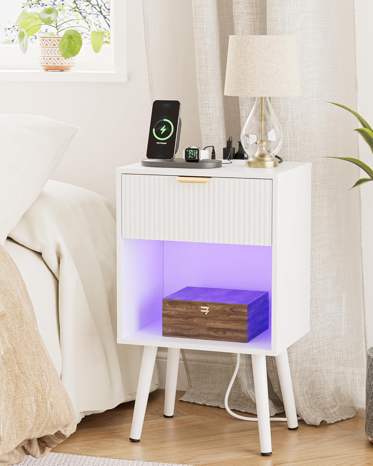 White Fluted Nightstand with Charging Station, Modern Bedside Table with Storage Drawer, Wood Night Stand Side End Table for Bedroom, Living Room, Office