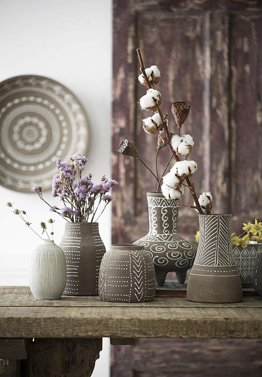 Creative Co-Op White Stoneware Vases with Textured Black Polka Dots (Set of 3 Sizes)