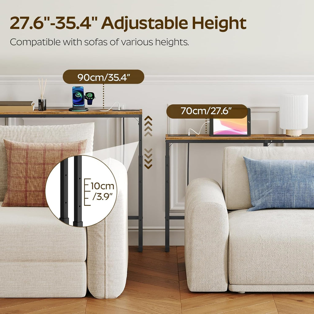 YATINEY 70.9" Narrow Console Table with Adjustable Height (27.6"-35.4"), L Shaped Sofa Table Narrow Long, Skinny Behind Couch Table with USB-C Ports, 5.9" Wide Sofa Side Table, Rustic Brown CT28UBR