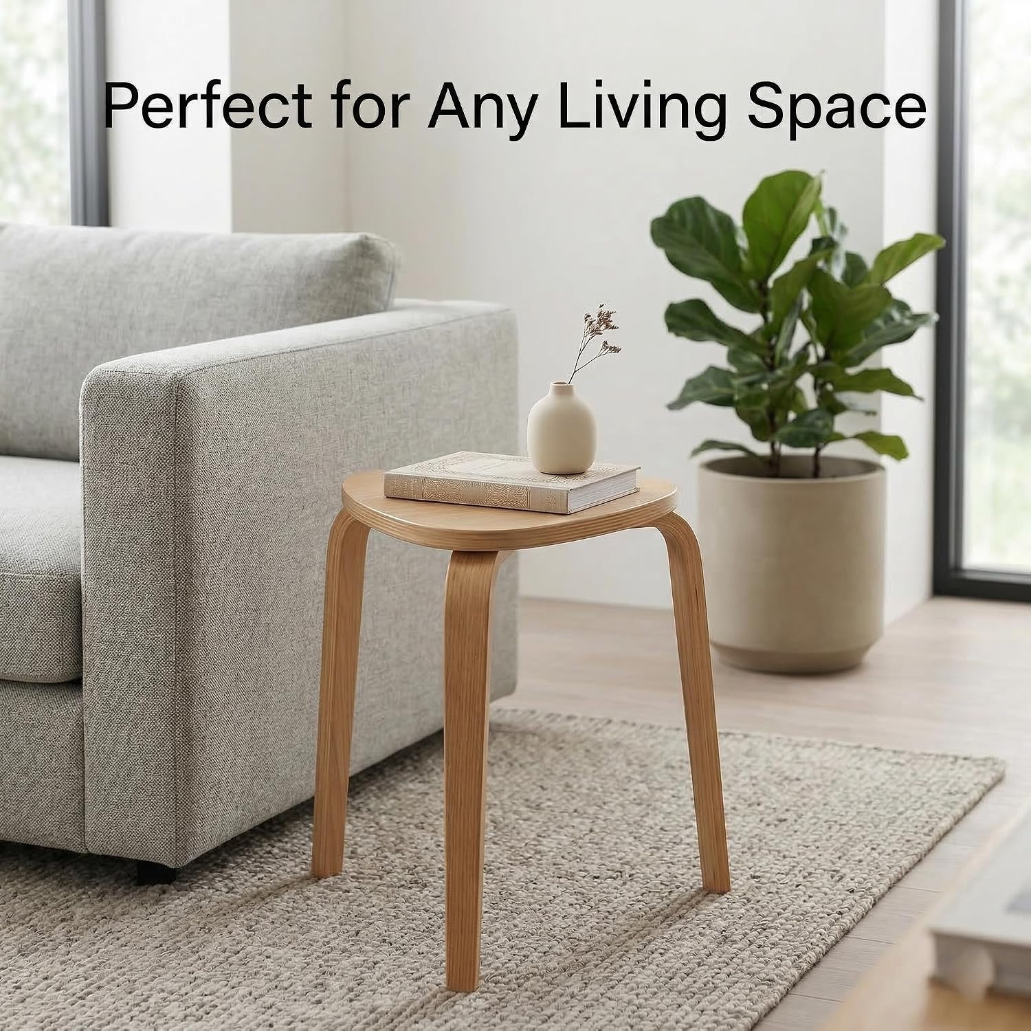 Modern Scandinavian Wooden Stool, Minimalist Round Side Table, Small Accent Table for Living Room, Bedroom, Entryway, Plant Stand, Lightweight Decorative Stool
