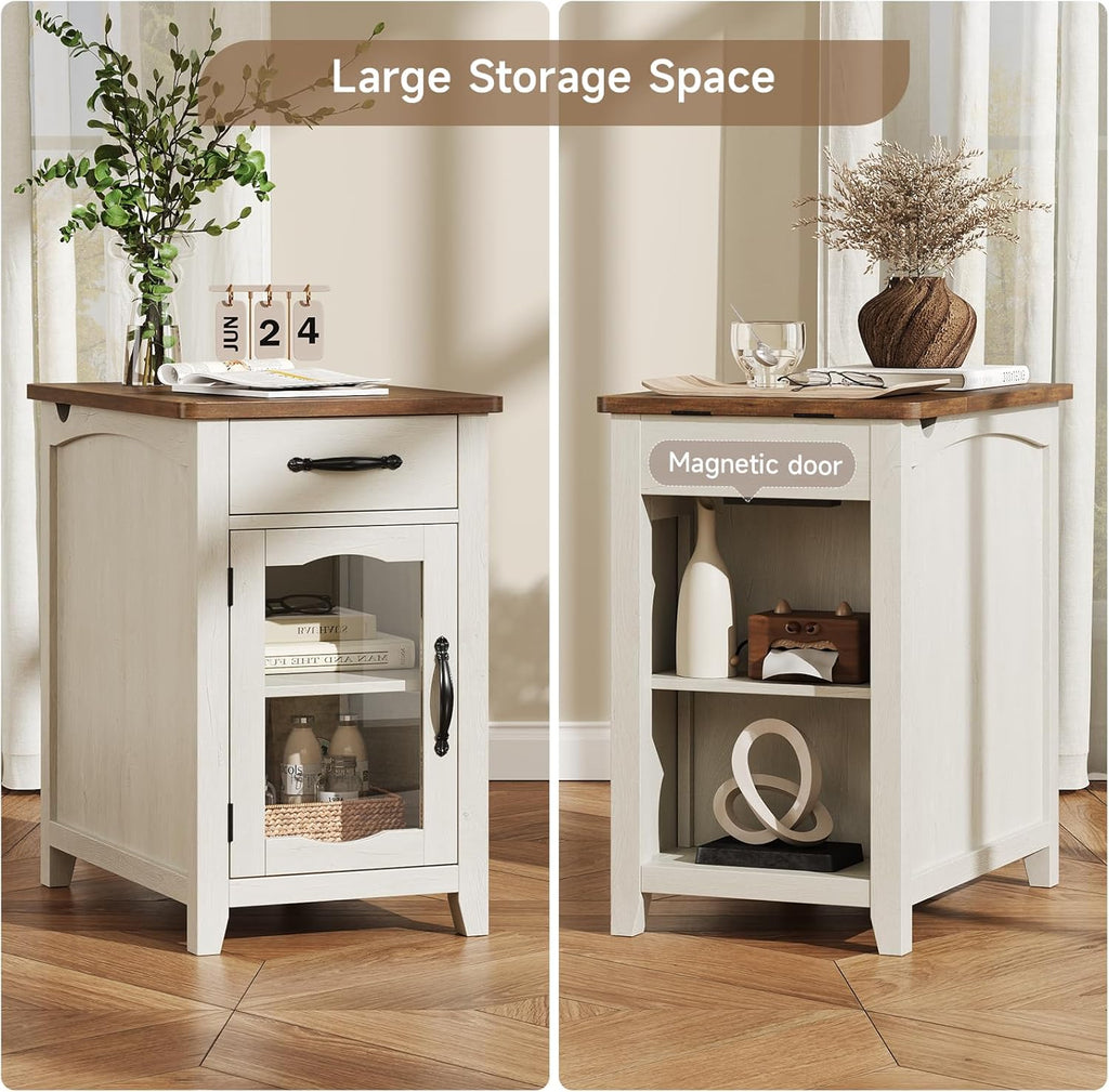 ONBRILL End Table with Charging Station, Narrow Side Table for Living Room, Farmhouse Night Stand with Drawer and Storage Cabinet, Wooden Bedside Table for Small Spaces Living Room, Glass Door (White)