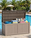 155 Gallon Waterproof Outdoor Storage Box, Large Lockable Deck Box, Indoor Outdoor Resin Storage Bench with Hydraulic Rod for Patio Furniture/Cushions/Garden Tools/Backyard/Pool Accessories, Brown