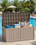 155 Gallon Waterproof Outdoor Storage Box, Large Lockable Deck Box, Indoor Outdoor Resin Storage Bench with Hydraulic Rod for Patio Furniture/Cushions/Garden Tools/Backyard/Pool Accessories, Brown
