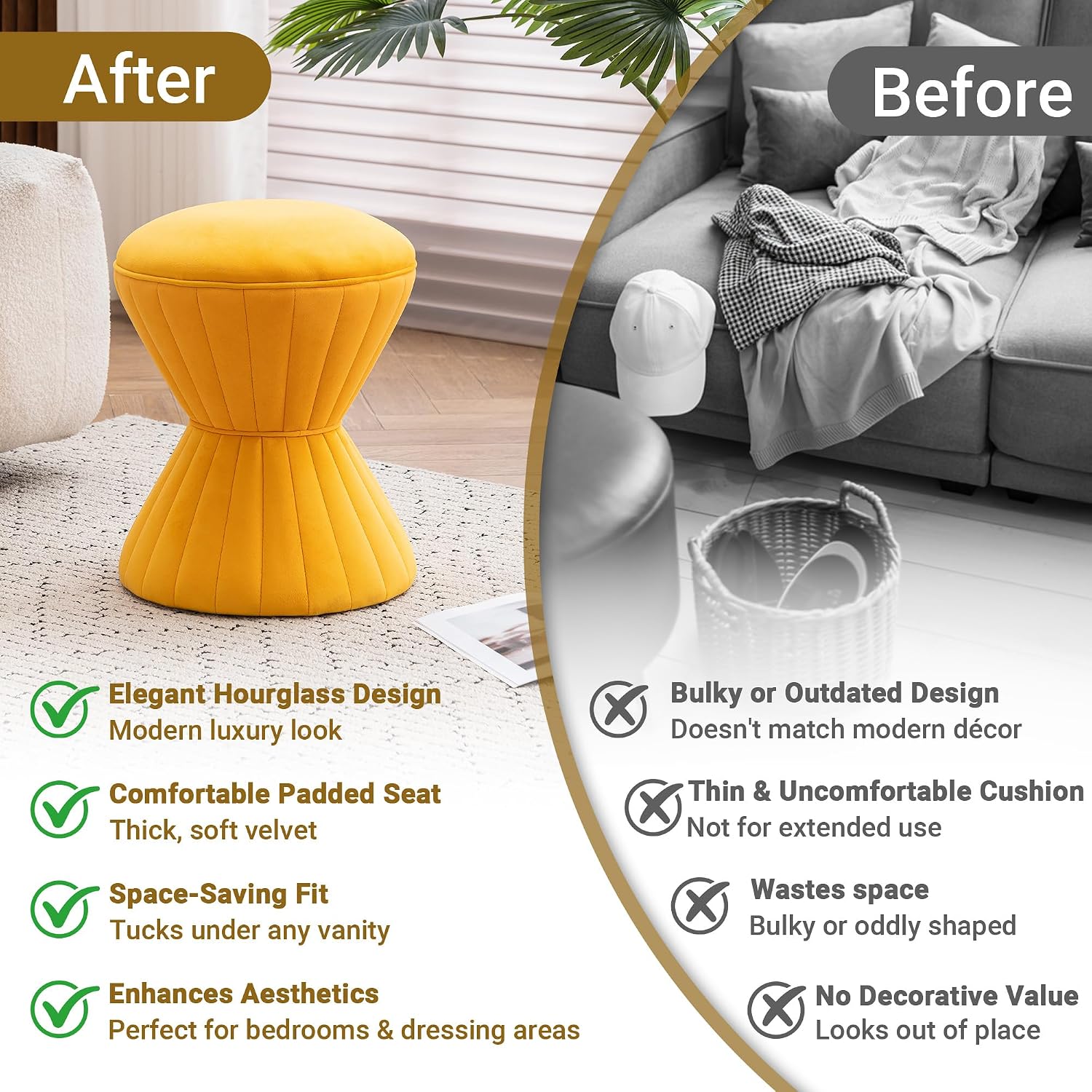 Multifunction Velvet Ottoman, Upholstered Vanity Stool Chair, Sturdy Round Footstool for Makeup, Living Room, Bedroom, Entryway (Mustard)