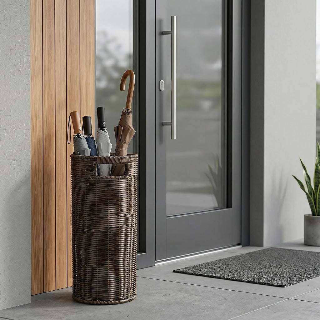 Rattan Umbrella Holder for Entryway with Drip Tray, 21''H Round Umbrella Stand for Indoor & Outdoor, Tall Wicker Basket for Storage, Woven Organizer for Home, Office, Hotel, Shop, Brown