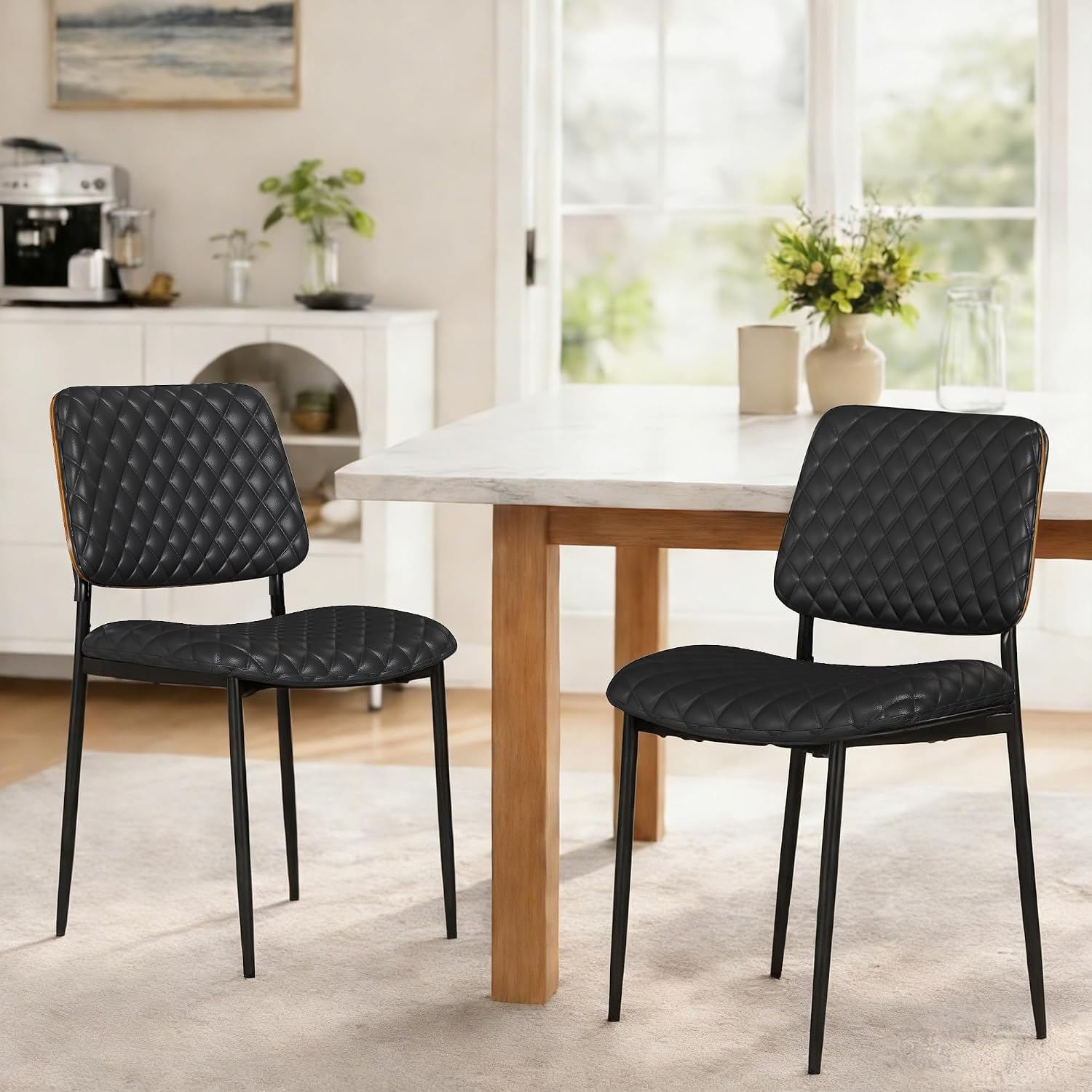 AODAILIHB Mid Century Modern Kitchen Chairs Set of 2, PU Leather Upholstered Dining Chairs with Walnut Bentwood Back, Sturdy Metal Legs & Adjustable Feet, Black