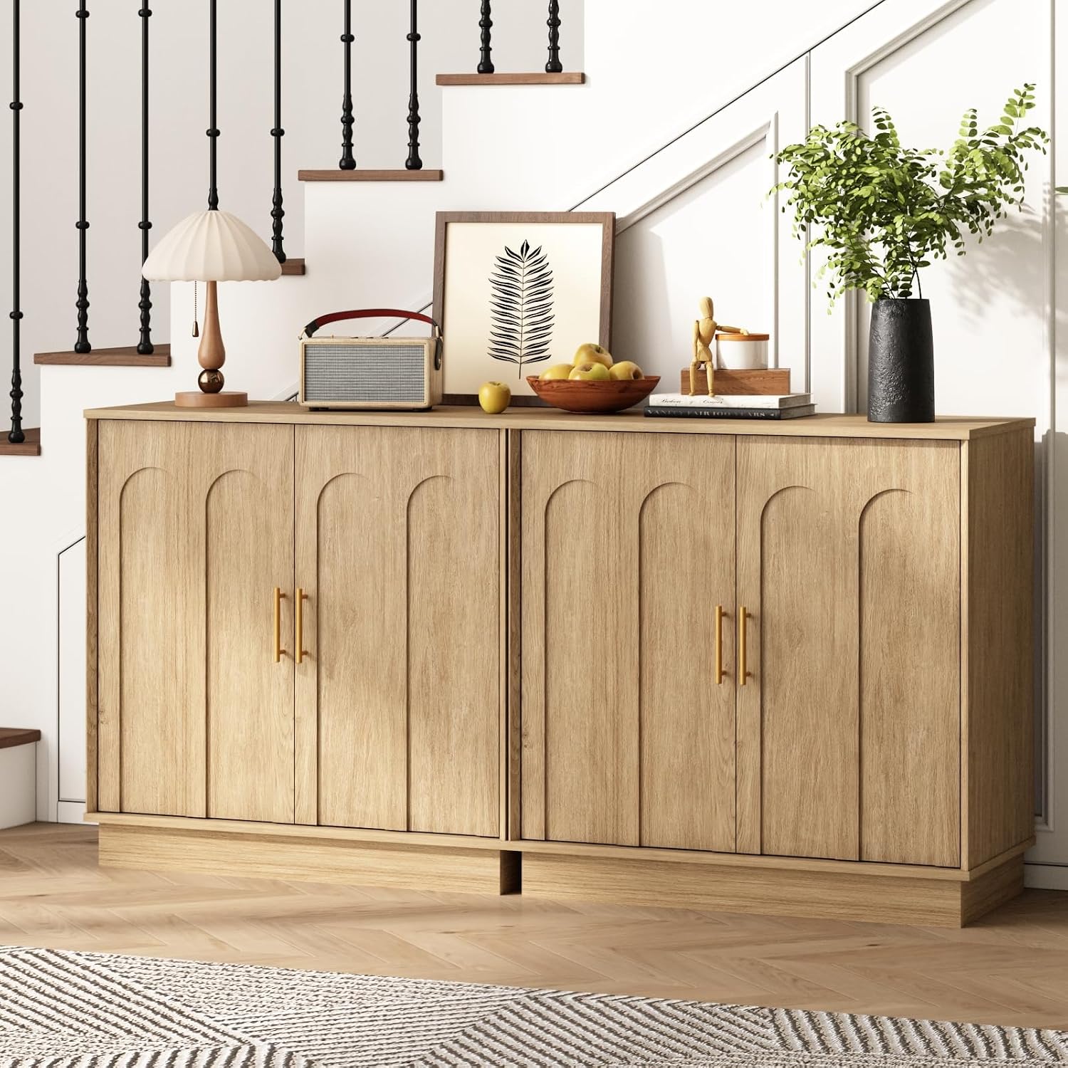 Buffet Cabinet with Storage, 2 Door Sideboard Credenza with Arch Design and Adjustable Shelves, 31.5" Modern Coffee Bar Accent Cabinets for Kitchen, Living Room, Entryway, Natural