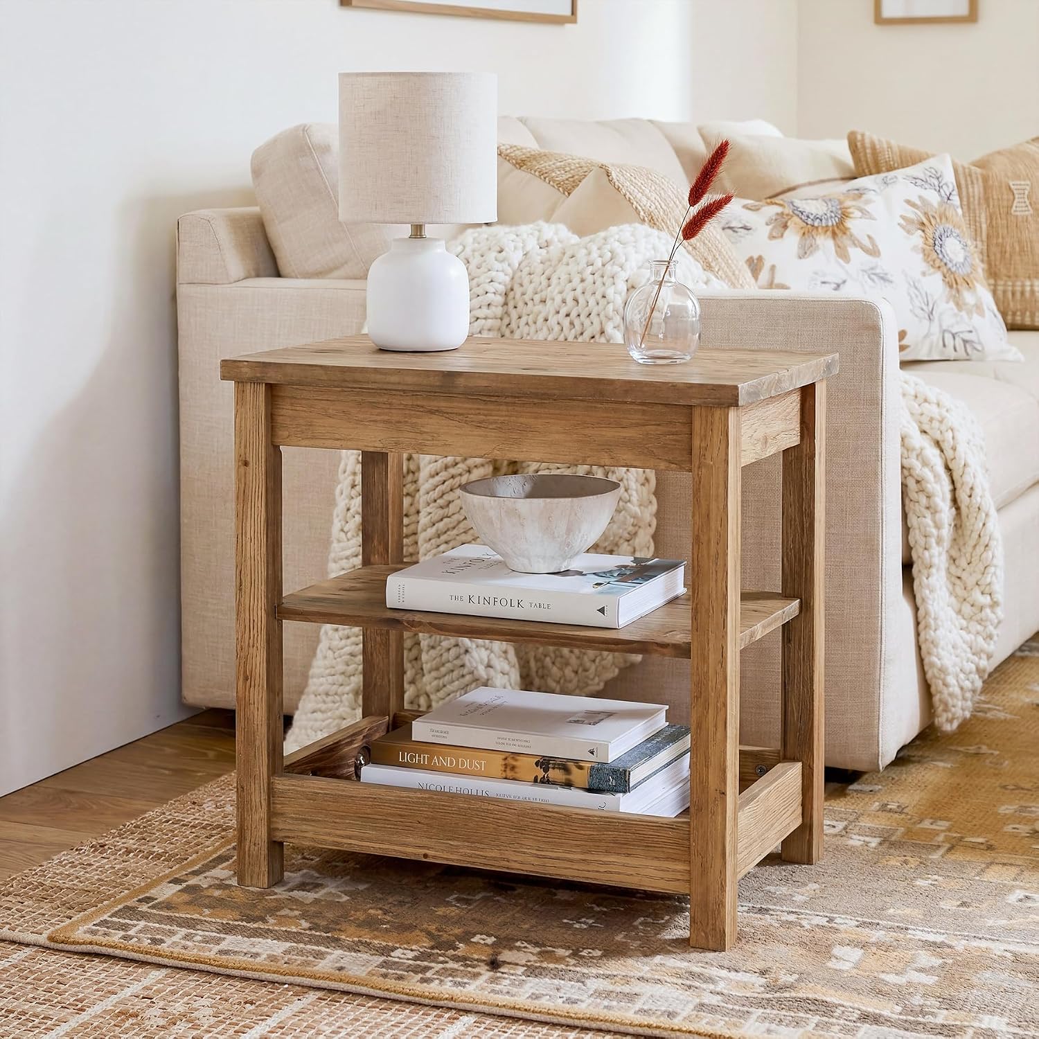 Solid Wood End Table, Farmhouse Narrow Sofa Side Table with 3-Tier Storage Shelf, Small Rectangular Nightstand for Living Room, Bedroom, Small Space, Space-Saving, Brown