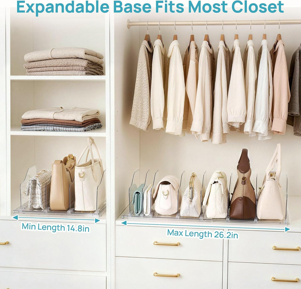 Vtopmart Free-Adjustable Purse Organizer for Closet with 2 Base, Clear Handbags Storage Organizer, Fits Different Bag Sizes & Closet Shelf, Expandable Plastic Shelf Dividers for Handbags, Wallets