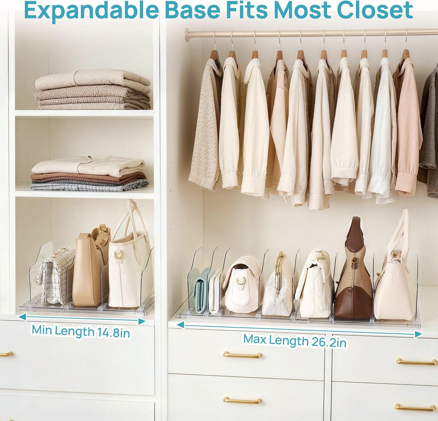 Vtopmart Free-Adjustable Purse Organizer for Closet with 2 Base, Clear Handbags Storage Organizer, Fits Different Bag Sizes & Closet Shelf, Expandable Plastic Shelf Dividers for Handbags, Wallets